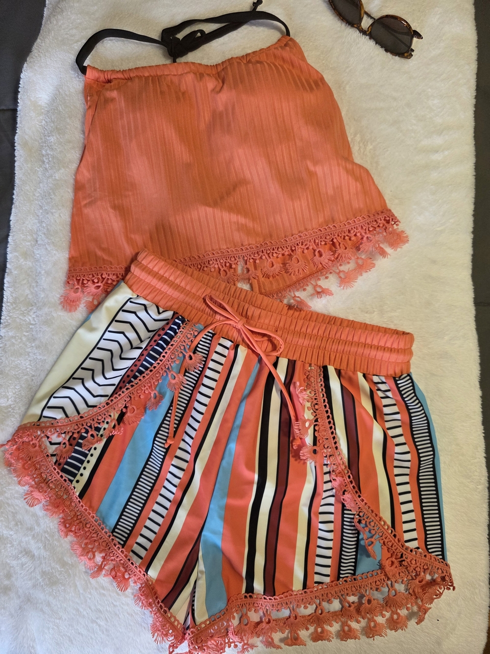Coral Crochet-Trim Tank & Striped Shorts Set Medium
